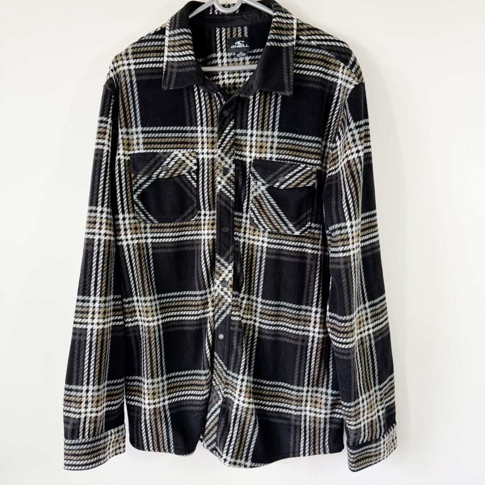 O’Neill Long Sleeve Super-fleece Button Down Black White Gray Tan Plaid Size XL